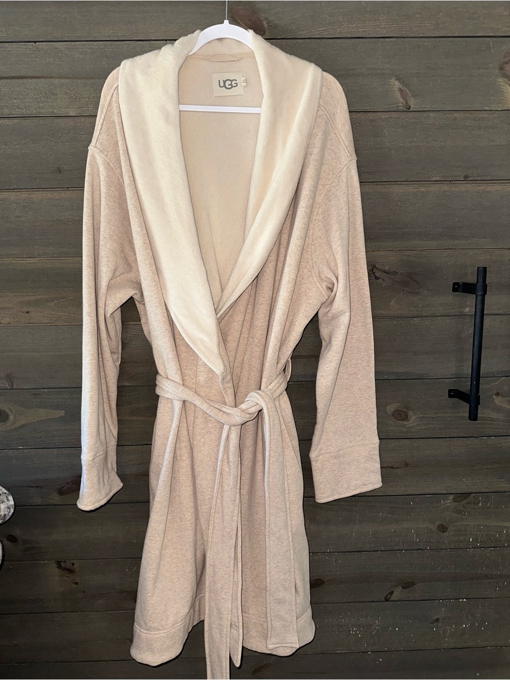 UGG Women's Beige Plush Hooded Robe with Cream Trim